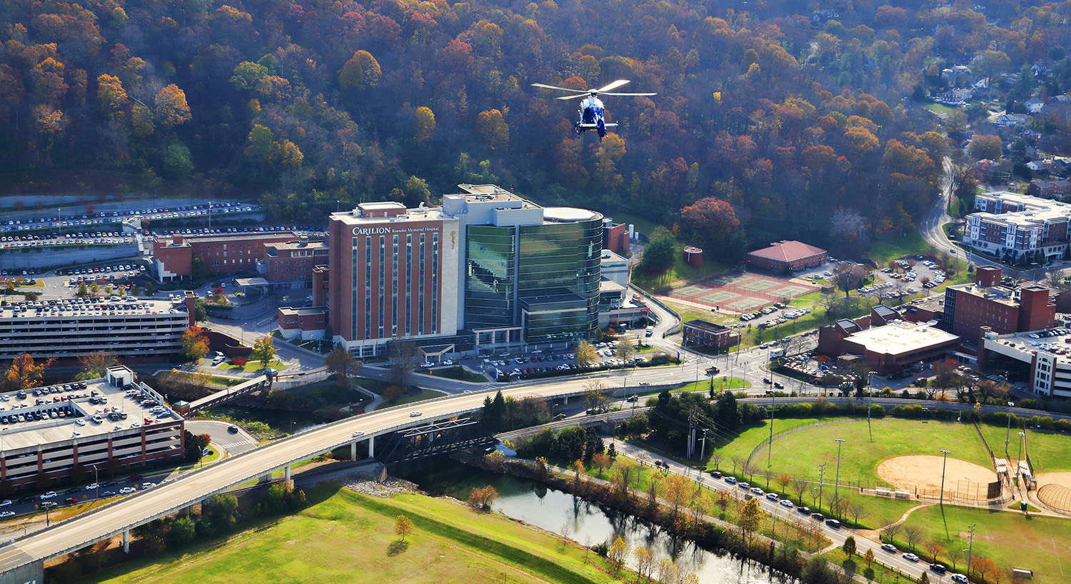 Lifeguard flying above Carilion Roanoke Memorial Hospital