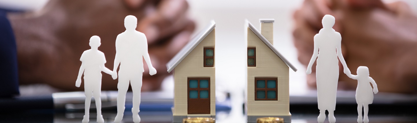 stock illustration of a home split in two with one parent and child on each side