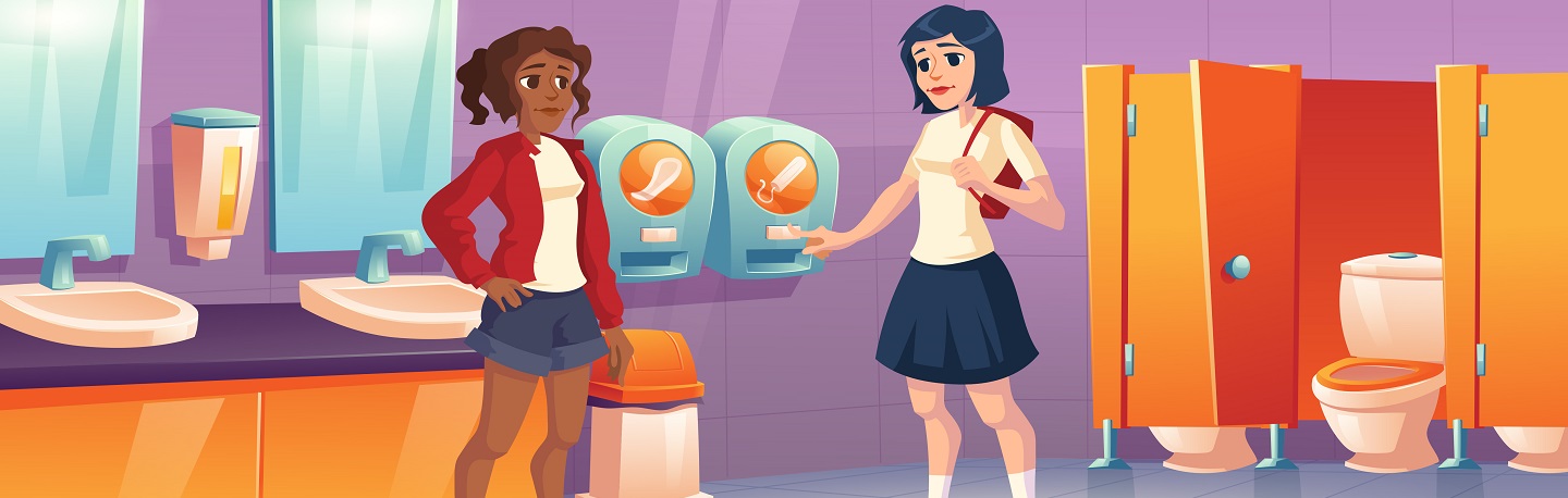 illustration of two teen girls in public bathroom with tampon and pad dispensers on wall