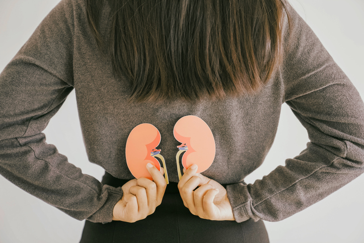 Back view of woman holding paper kidneys