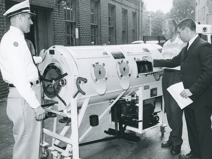 Carilion Clinic history, 1963 - Roanoke Memorial Hospital receives an iron lung from the Covington VA WESTVACO Rescue Squad