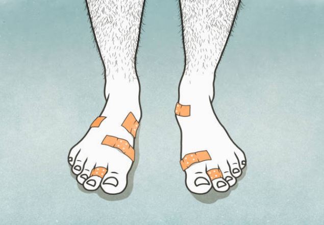 Cartoon image of a man's bare feet, with 3 or 4 bandaids all over each. 